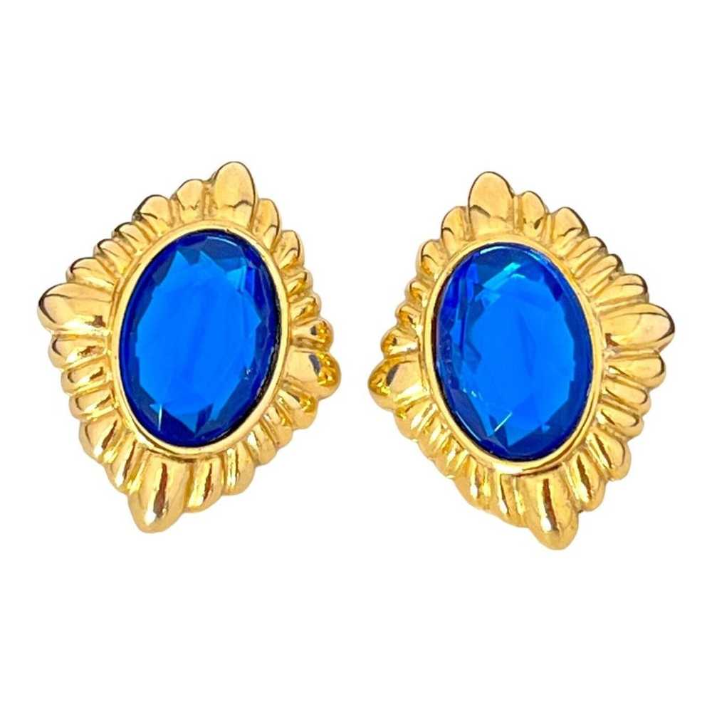 Vintage Earrings Gold Tone Pierced Blue Faceted S… - image 1