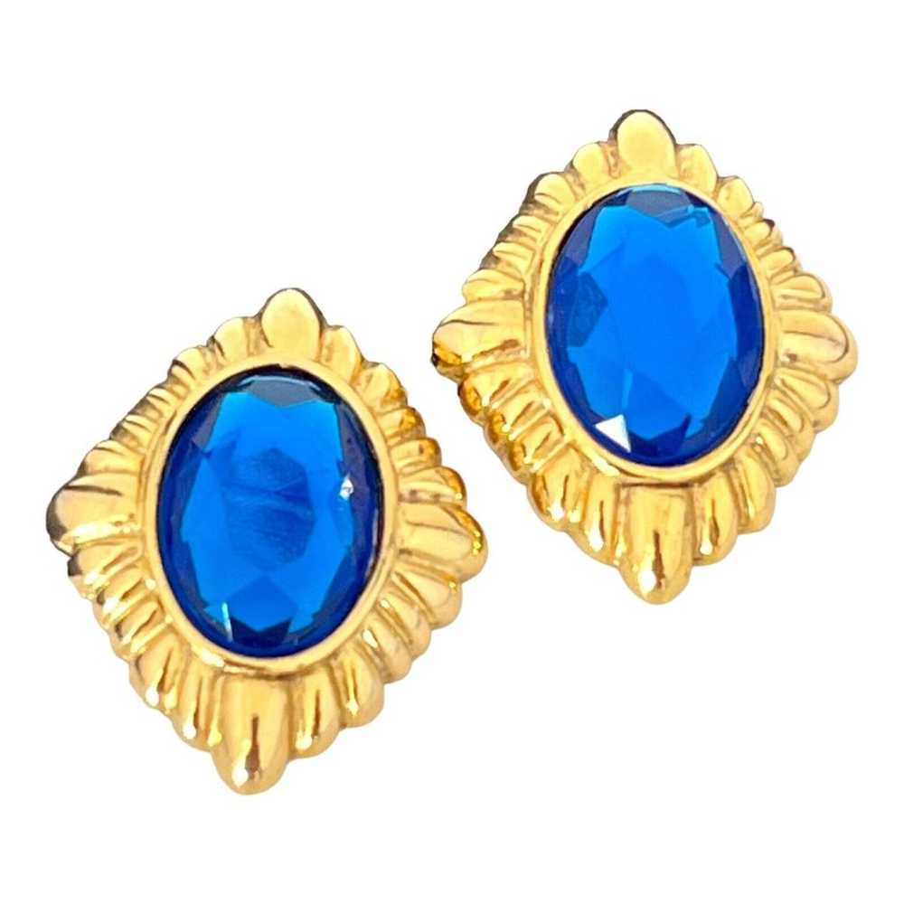 Vintage Earrings Gold Tone Pierced Blue Faceted S… - image 2