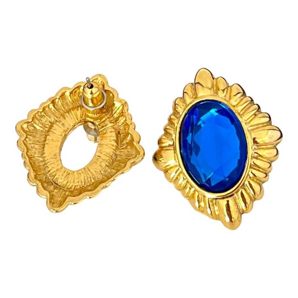 Vintage Earrings Gold Tone Pierced Blue Faceted S… - image 3