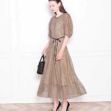 Leja Puff Sleeve Waist Ribbon All Lace Long Dress 