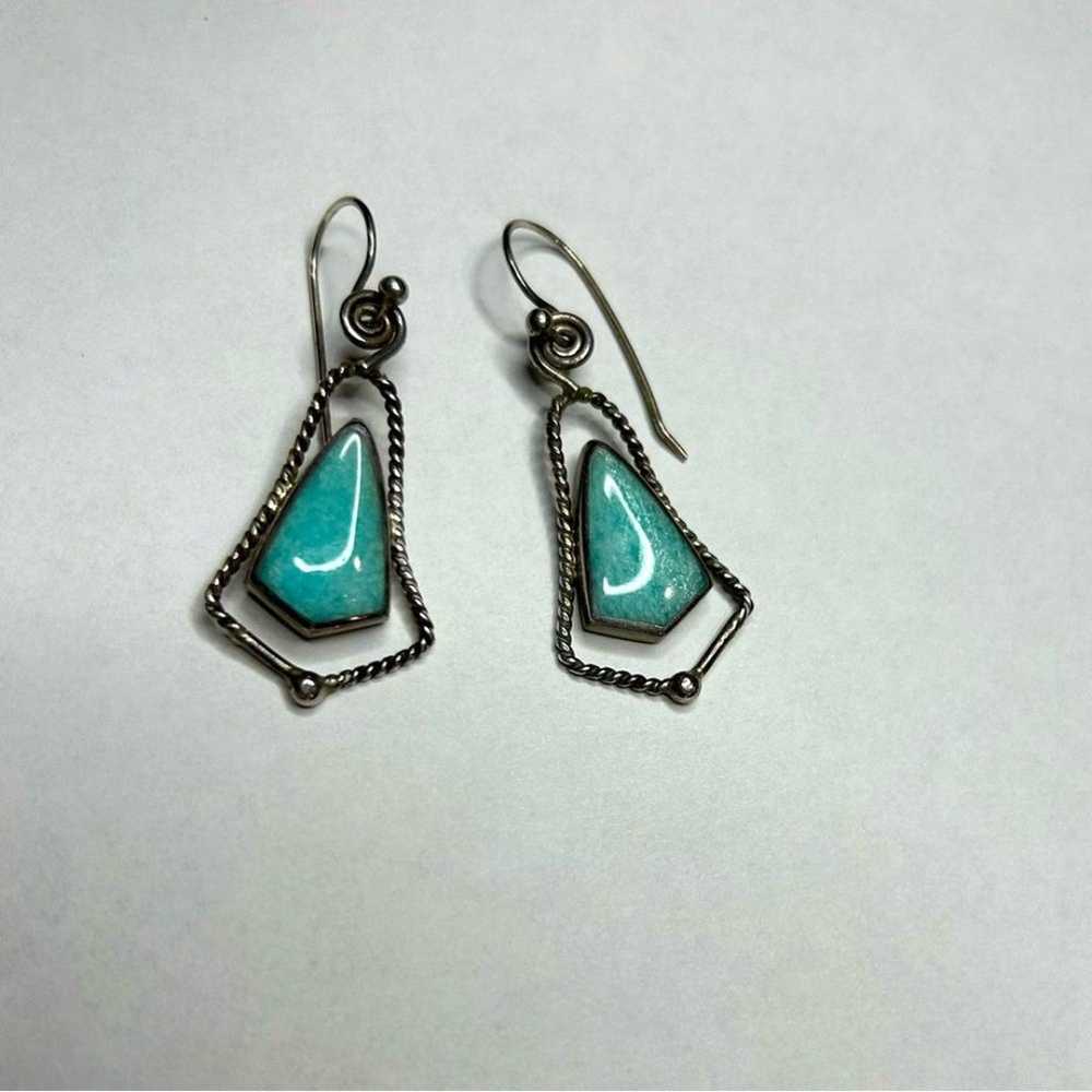 Vintage Sterling Silver Turquoise Dangle Earrings… - image 1