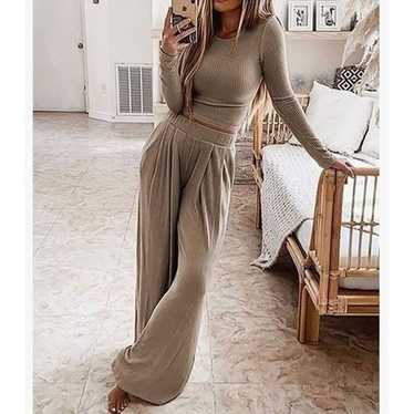 Two Piece Ribbed Knit Crop Top & Loose Wide Leg P… - image 1