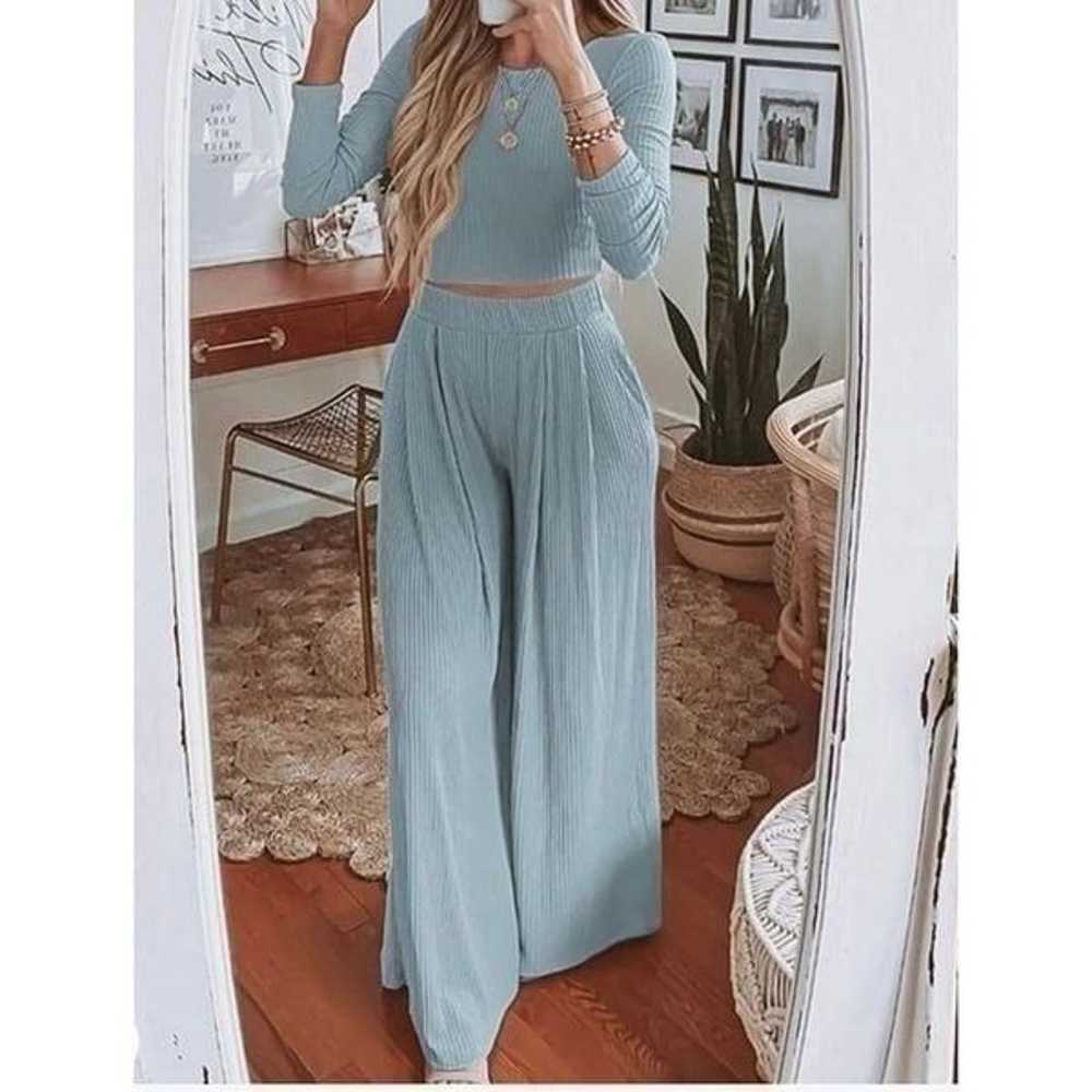 Two Piece Ribbed Knit Crop Top & Loose Wide Leg P… - image 7