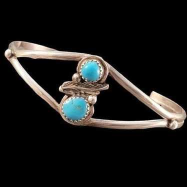 Vintage Sterling Navajo Two Turquoise Leaf Cuff