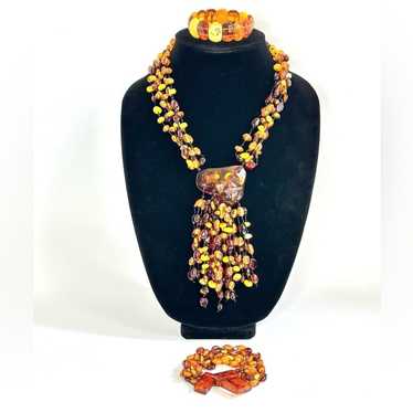 Vintage 90’s Amber Beaded Multi Strand Necklace W… - image 1