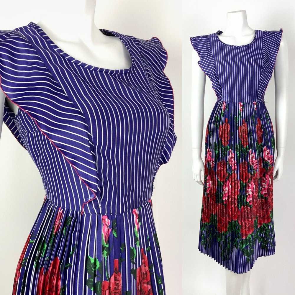 VTG 60s 70s BLUE WHITE RED PINK PIN STRIPE FLORAL… - image 1