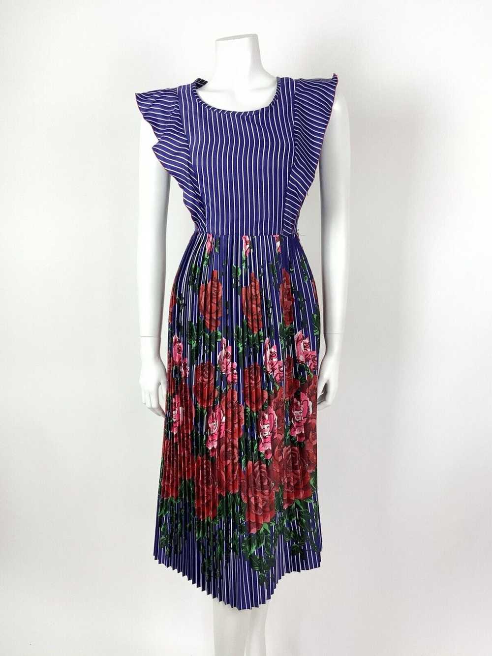 VTG 60s 70s BLUE WHITE RED PINK PIN STRIPE FLORAL… - image 2