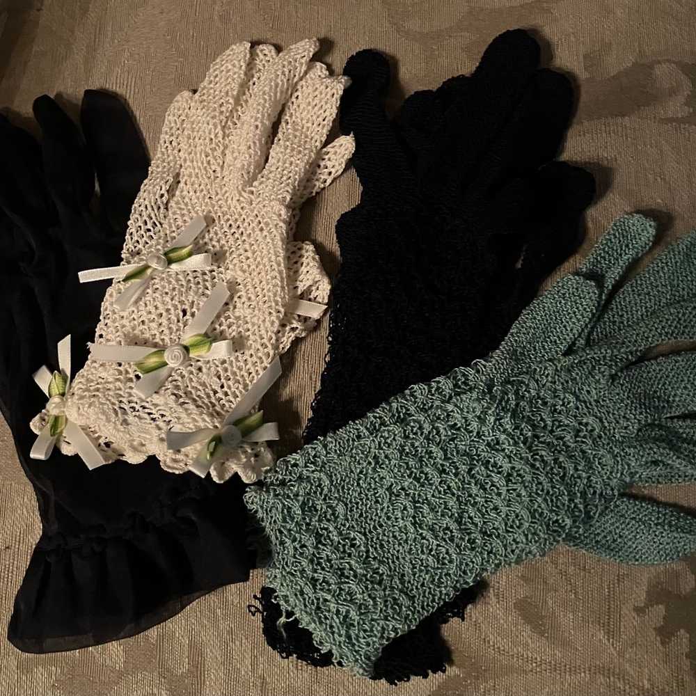 -4 pairs of Vintage Crochet Gloves & sheer  Mid C… - image 2