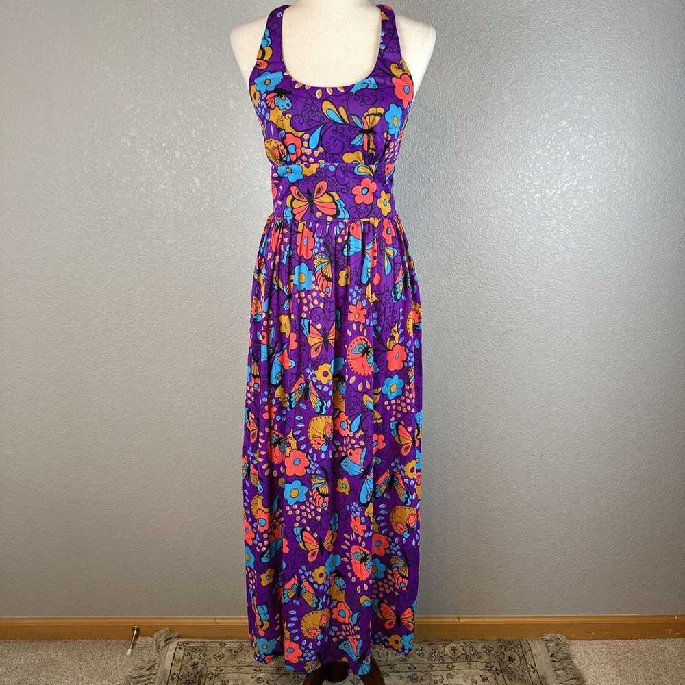 Vintage 60s Kamehameha Maxi Dress Purple Butterfl… - image 1