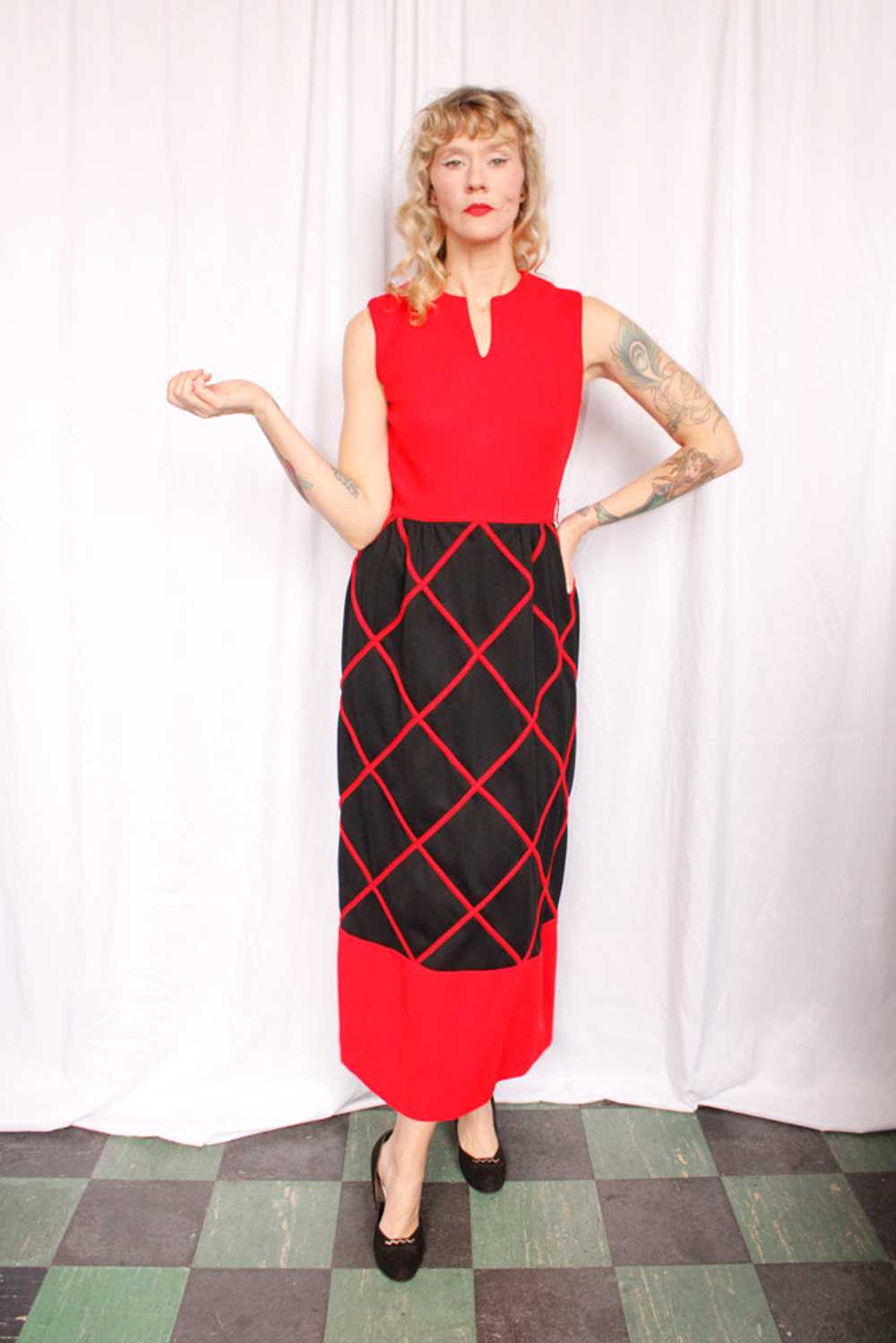 1960s Red & Black Diamond Pattern Maxi Dress - Sm… - image 3