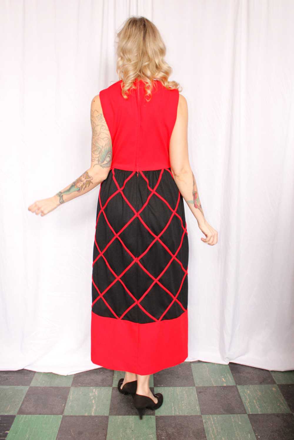 1960s Red & Black Diamond Pattern Maxi Dress - Sm… - image 5