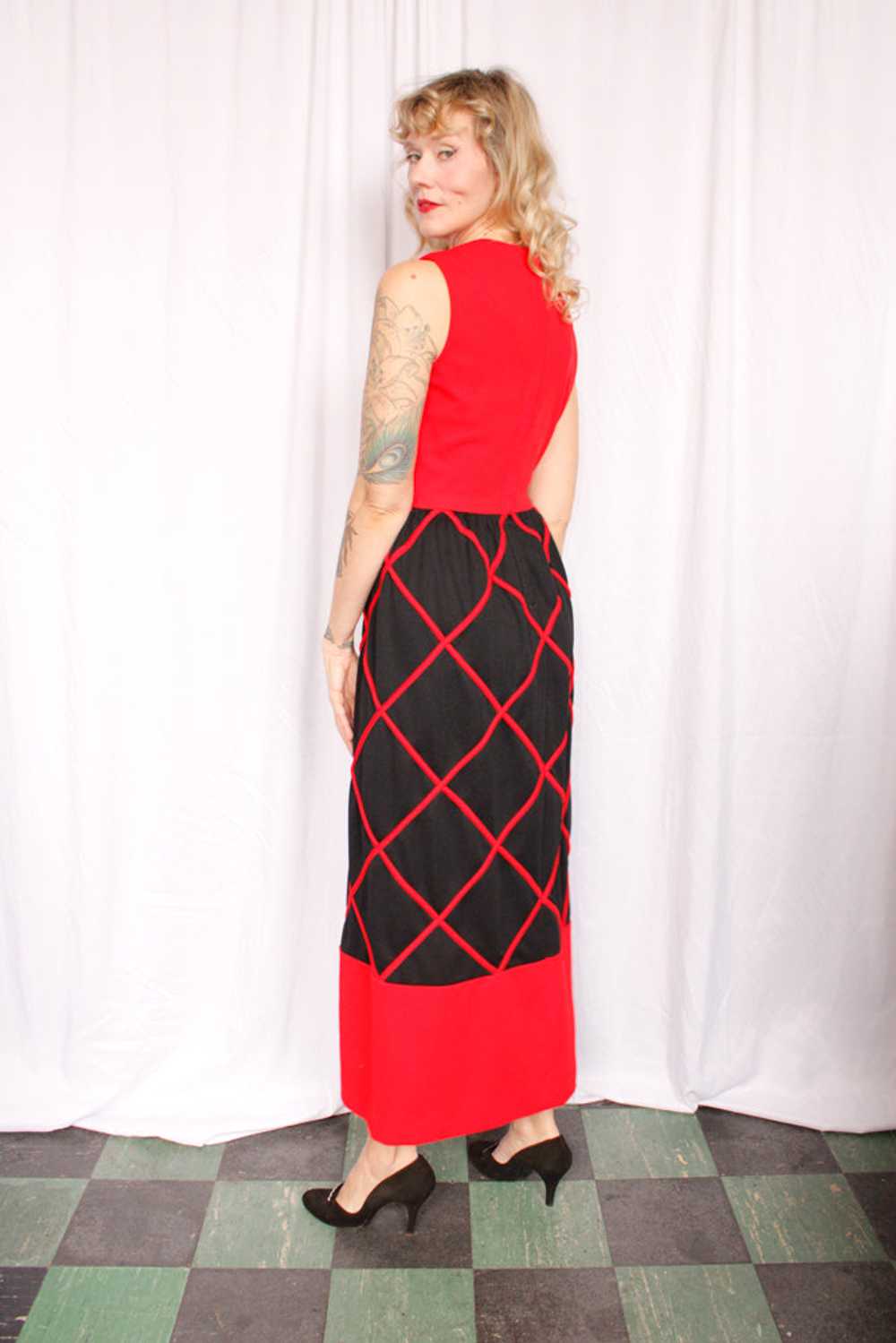 1960s Red & Black Diamond Pattern Maxi Dress - Sm… - image 6