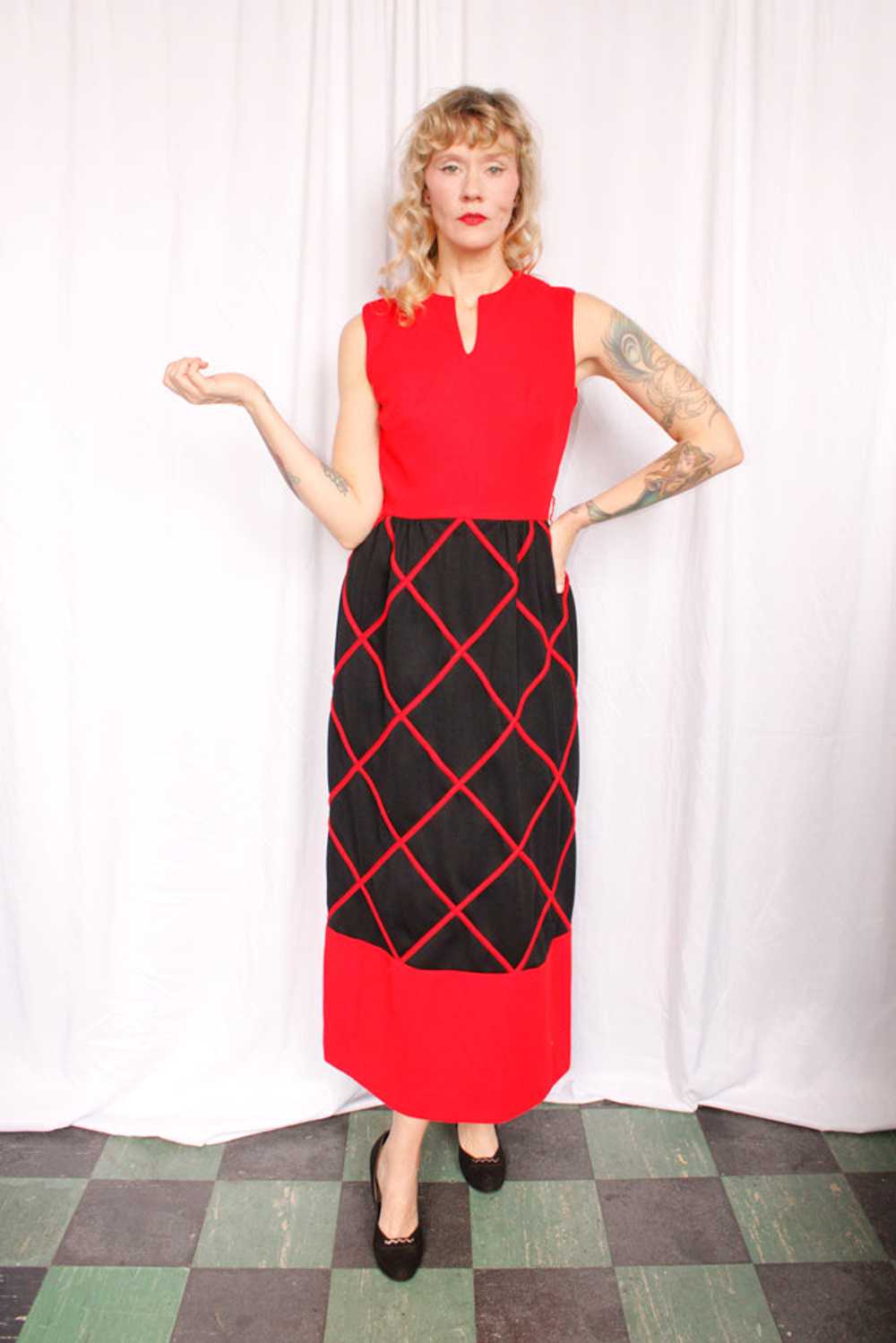 1960s Red & Black Diamond Pattern Maxi Dress - Sm… - image 7