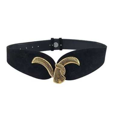 Vintage 80's Wide V Belt Black Suede Ornate Gold … - image 1