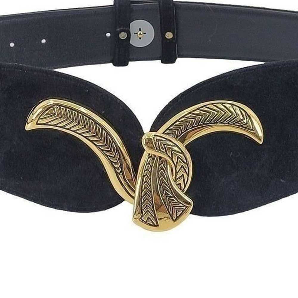 Vintage 80's Wide V Belt Black Suede Ornate Gold … - image 2