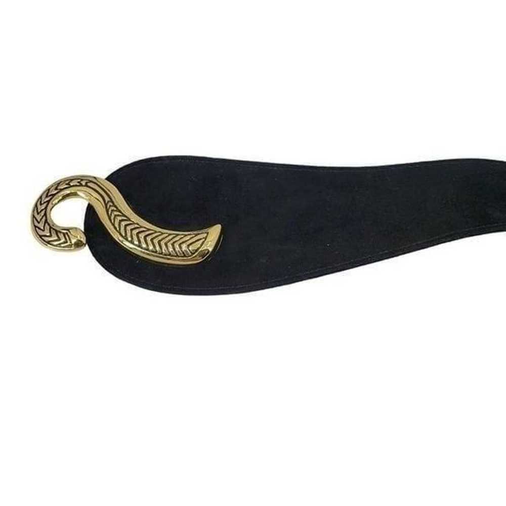 Vintage 80's Wide V Belt Black Suede Ornate Gold … - image 6