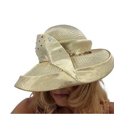 Vtg 80's Women Hat Gold Lame Futuristic Pintuck P… - image 1