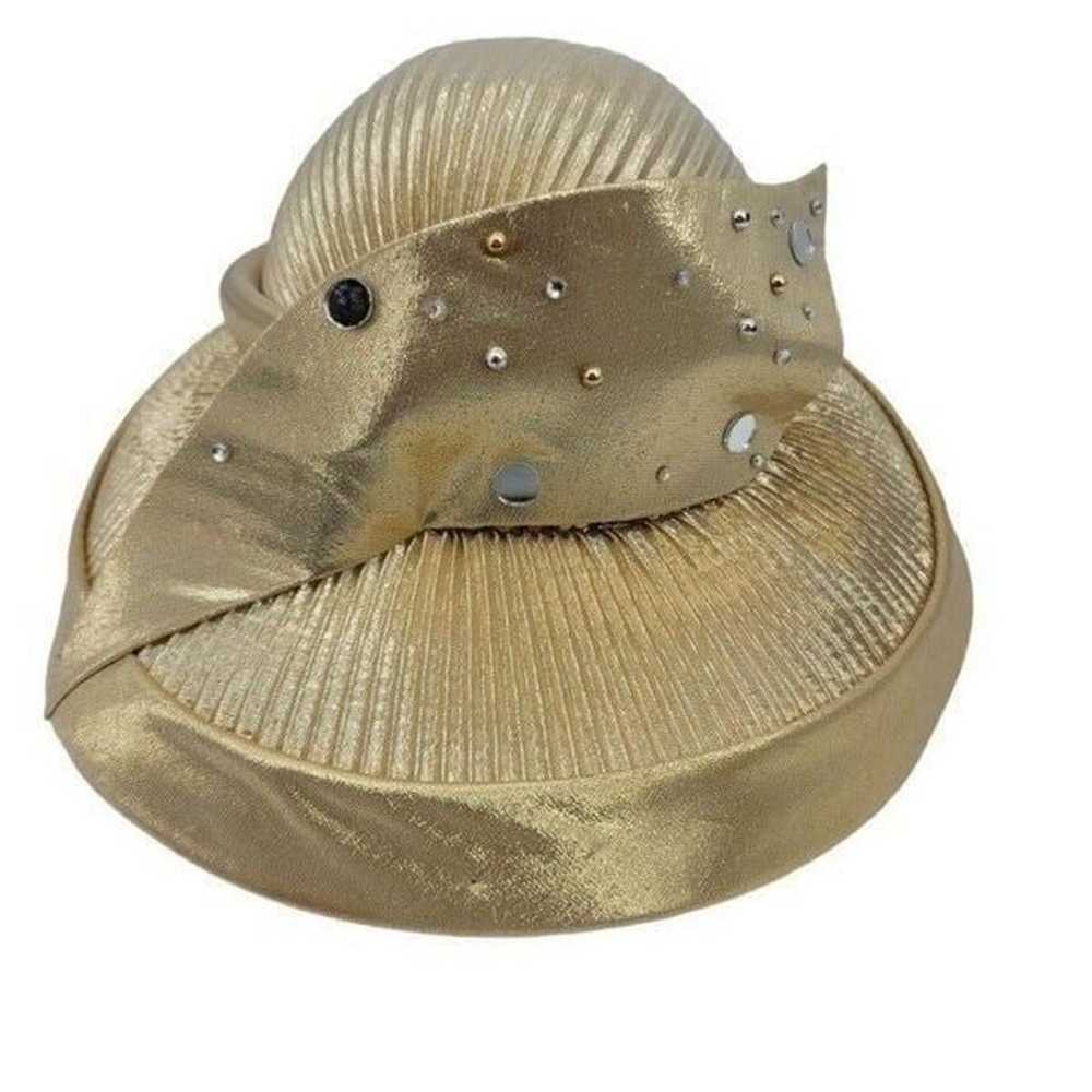 Vtg 80's Women Hat Gold Lame Futuristic Pintuck P… - image 2