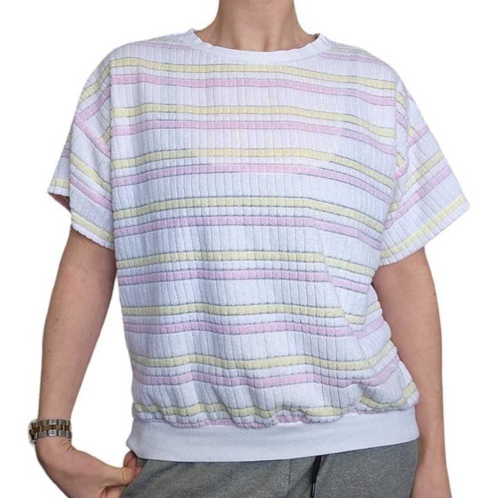 Retro Vintage 80s Terrycloth Ribbed White Striped… - image 1