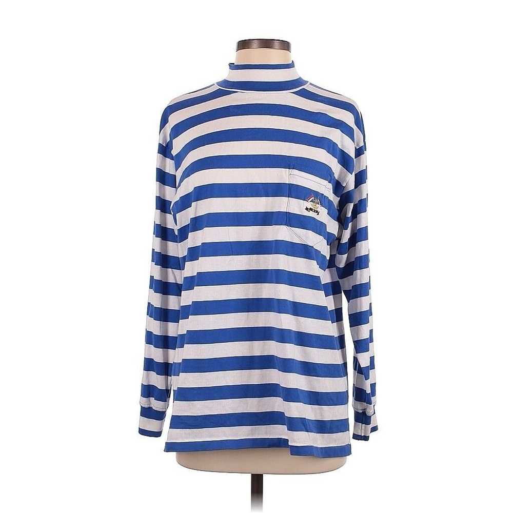 VTG Ralph Lauren Blue White Mockneck Striped Long… - image 1