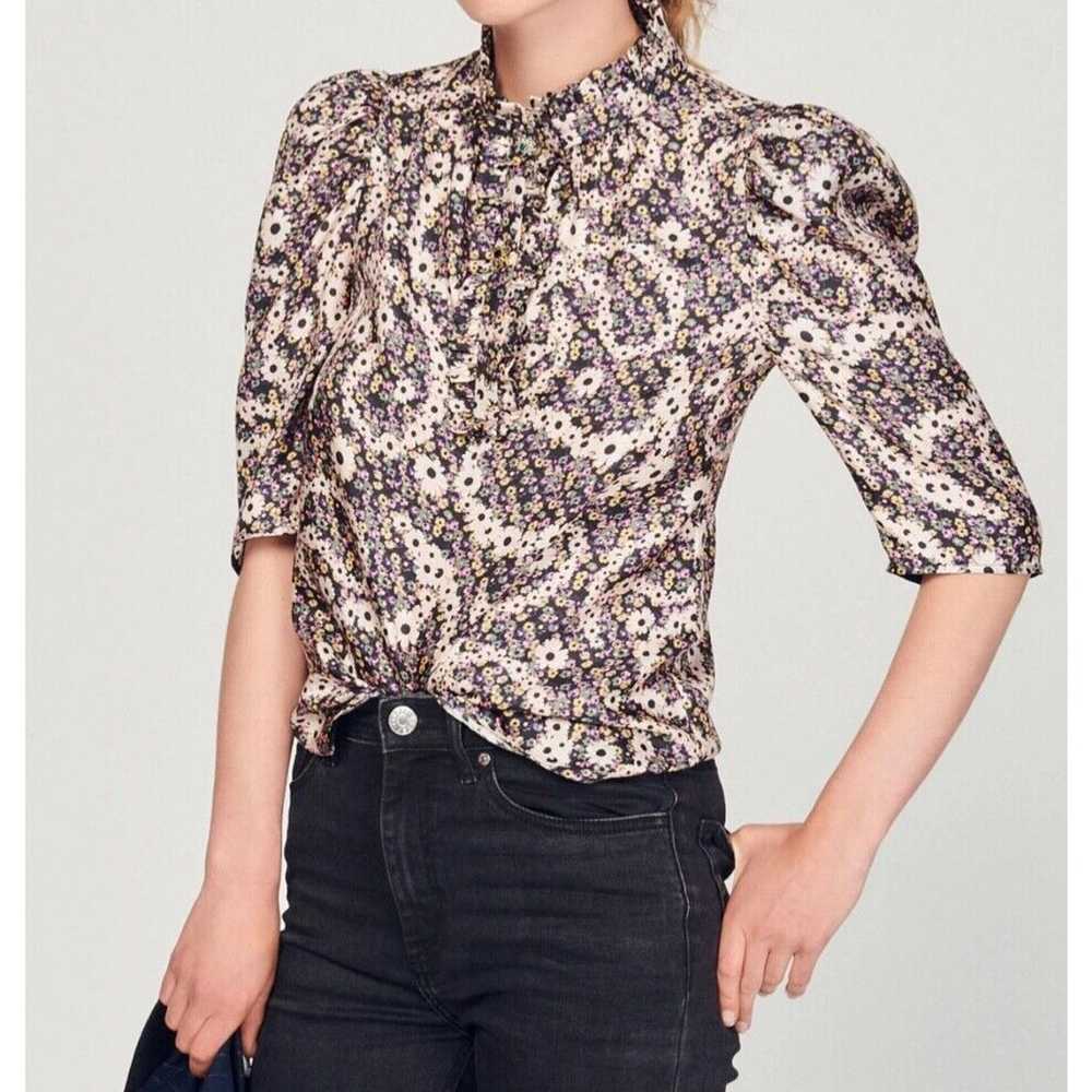 Sandro Paris Black And Purple Floral Blouse Ballo… - image 2