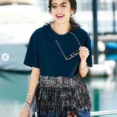 Chesty Navy Fringe Short Sleeve Top