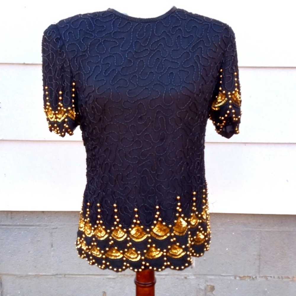 VTG Laurence Kazar 100% silk black gold short sle… - image 1