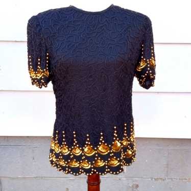 VTG Laurence Kazar 100% silk black gold short sle… - image 1