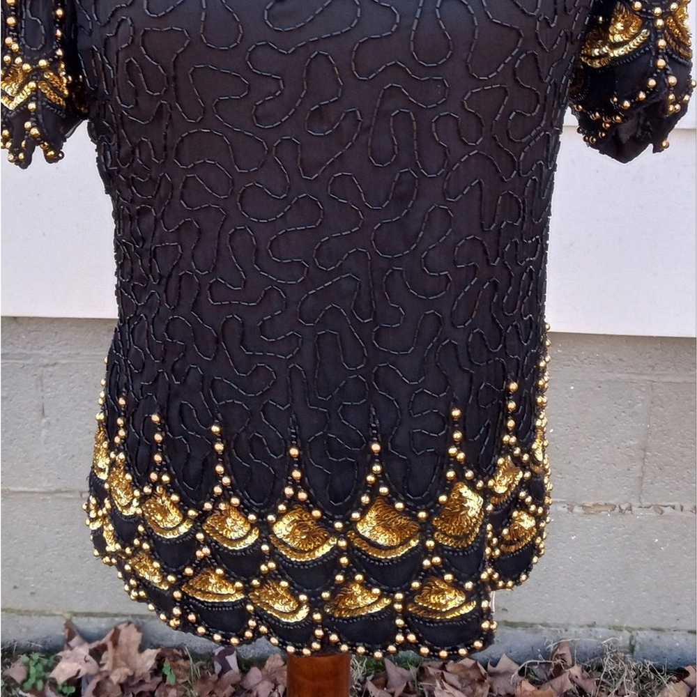 VTG Laurence Kazar 100% silk black gold short sle… - image 3