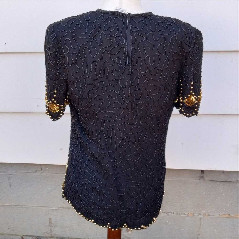 VTG Laurence Kazar 100% silk black gold short sle… - image 6