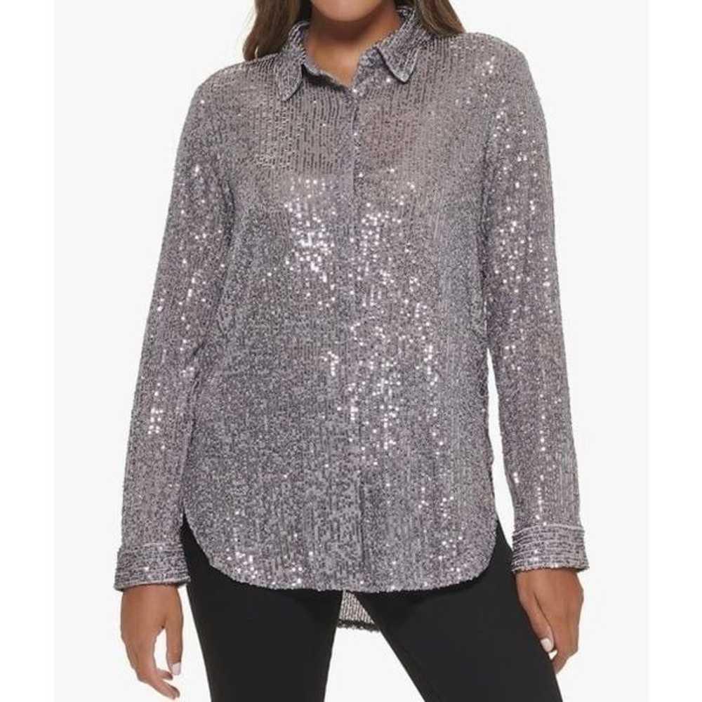 Calvin Klein Metallic Sequin Blouse in Silver Siz… - image 1