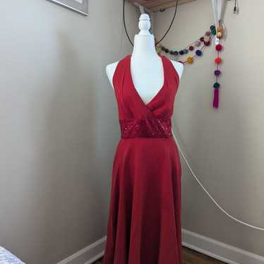 Vintage Red Silk Halter Top Midi Dress Small - image 1