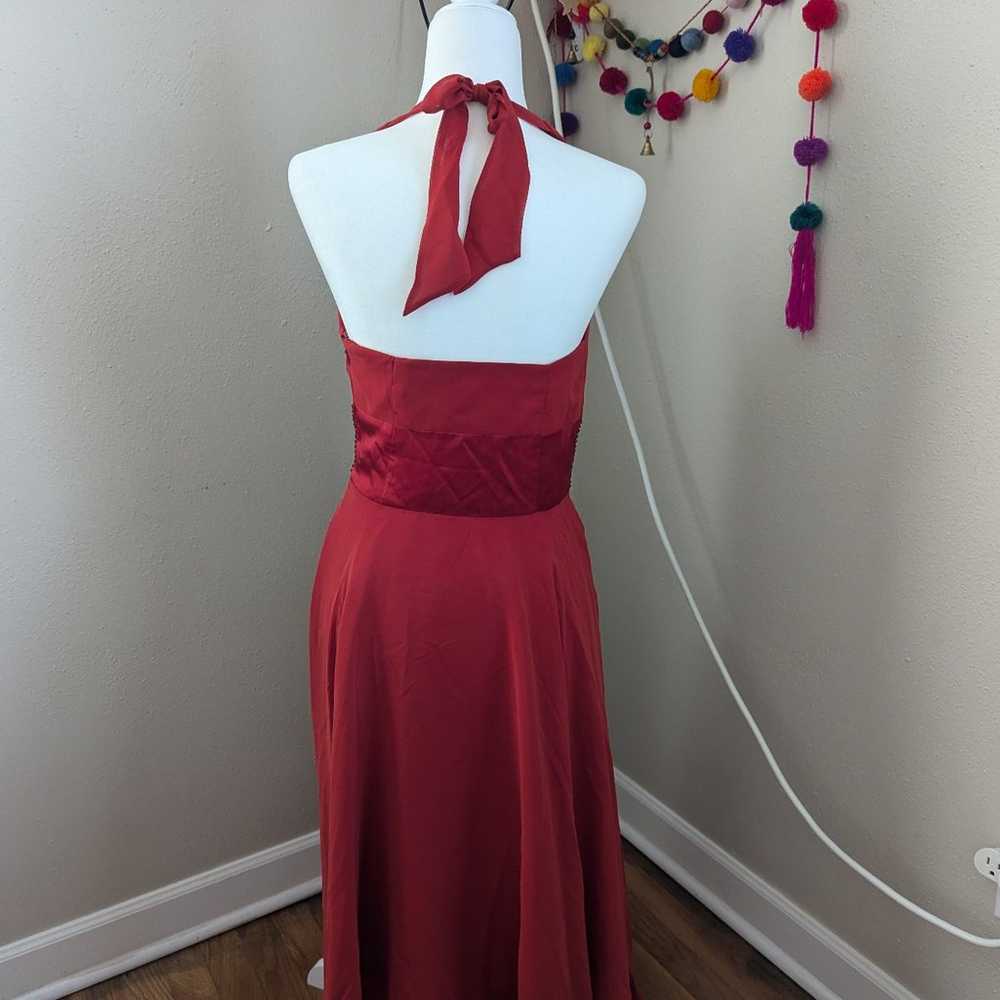 Vintage Red Silk Halter Top Midi Dress Small - image 2