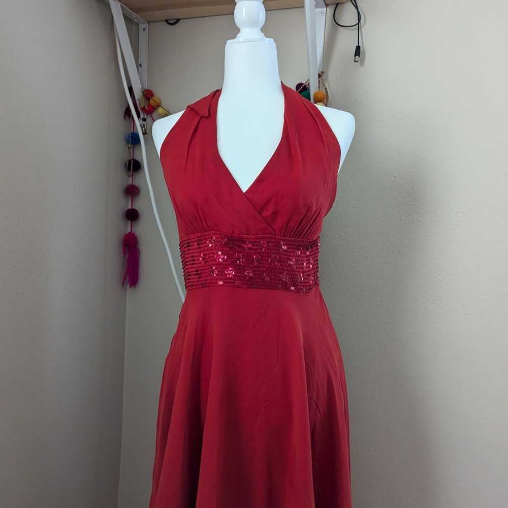 Vintage Red Silk Halter Top Midi Dress Small - image 3