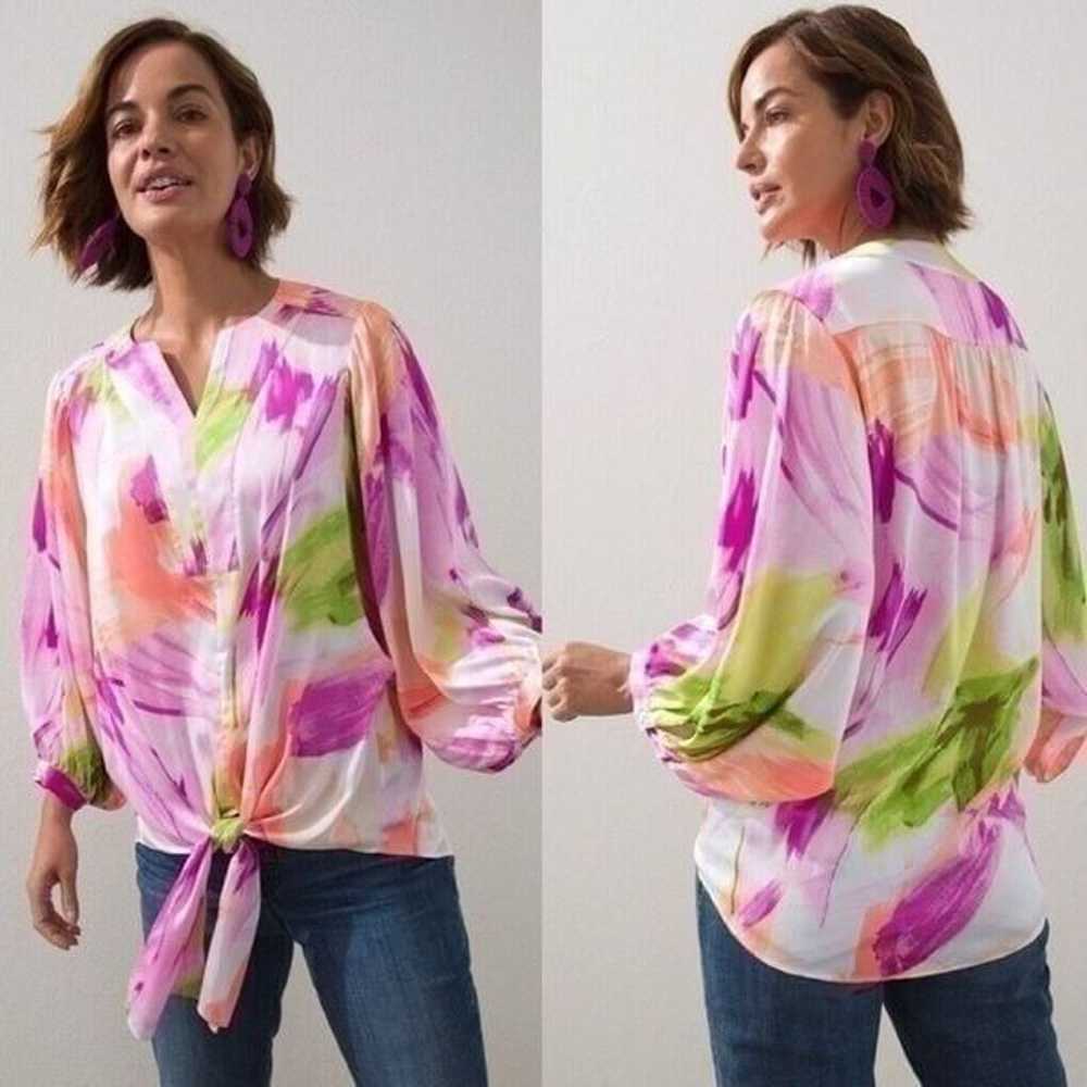 Chicos Floral Tie Front Blouse Women's US 12 Sati… - image 1