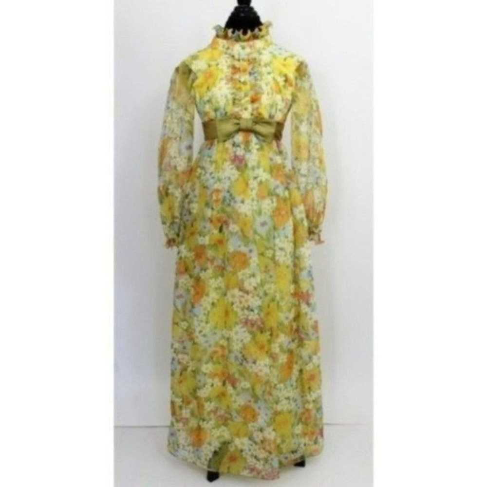 Vintage Yellow Floral Print Dress Tuxedo 3D Ruffle - image 1