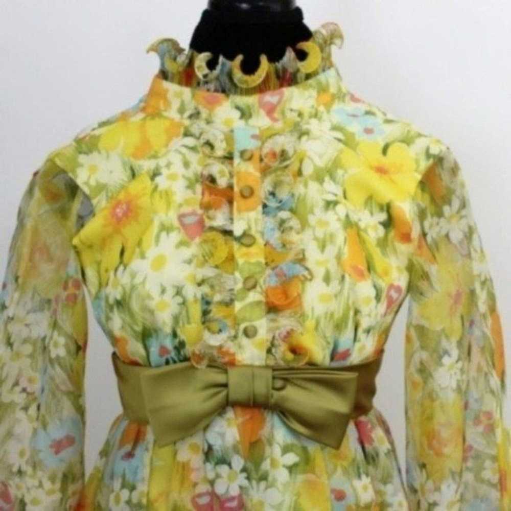 Vintage Yellow Floral Print Dress Tuxedo 3D Ruffle - image 2