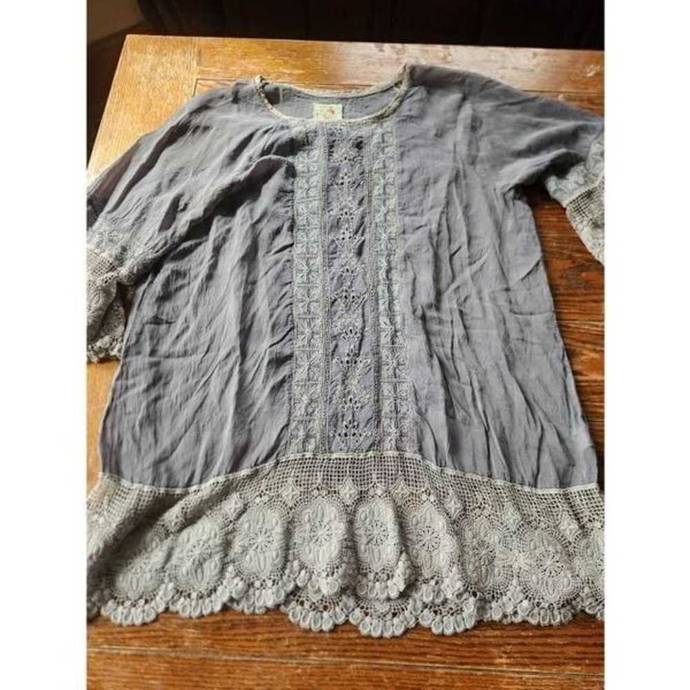 Johnny Was grey lace hem cupra rayon tunic blouse… - image 1