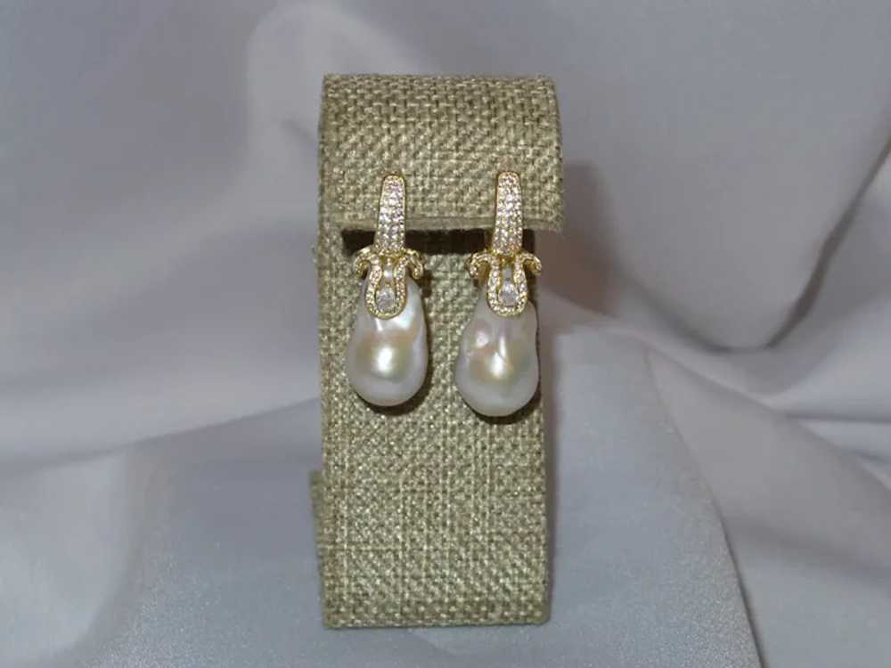 Cultured Baroque Pearl Earrings with "CZ" Stones … - image 11