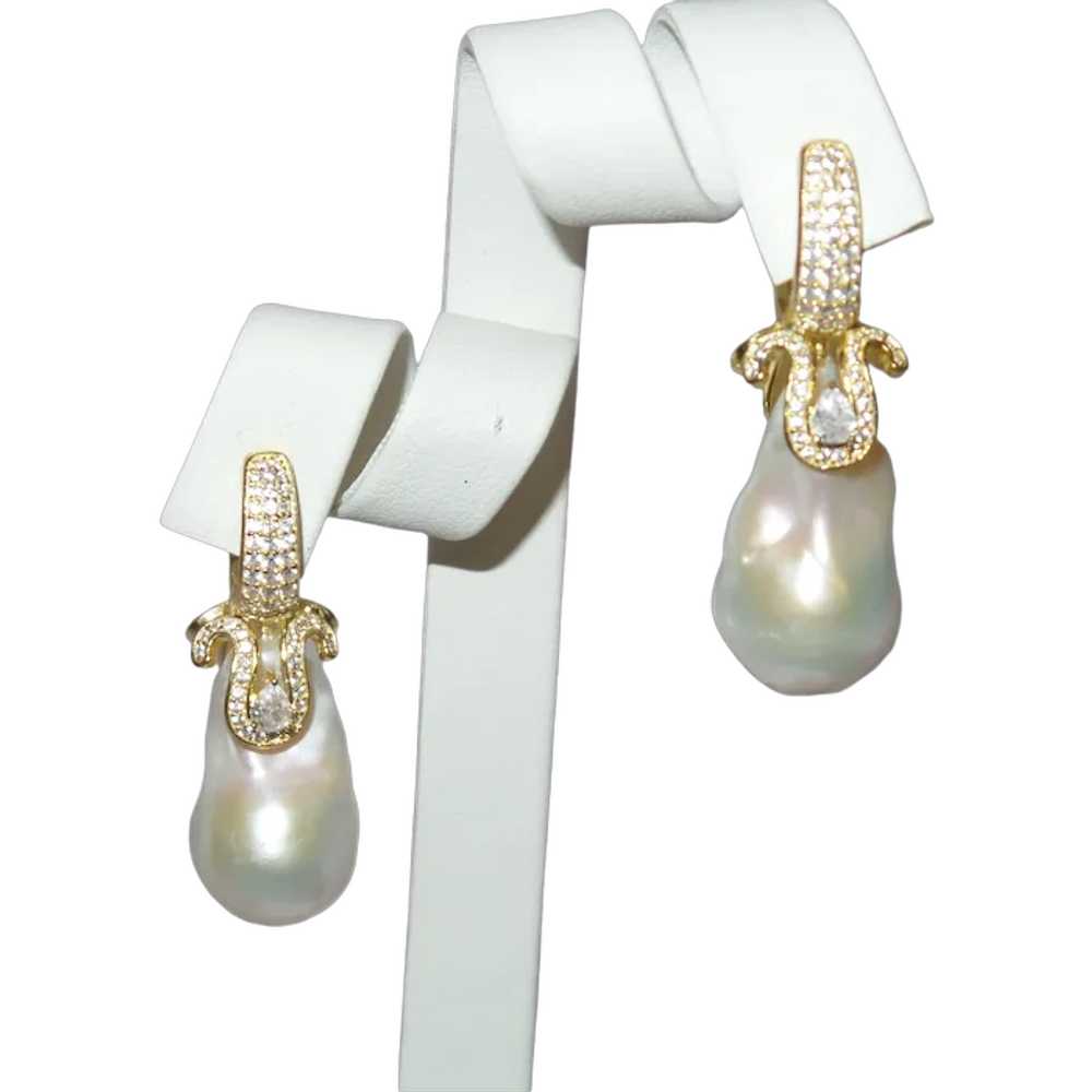 Cultured Baroque Pearl Earrings with "CZ" Stones … - image 1