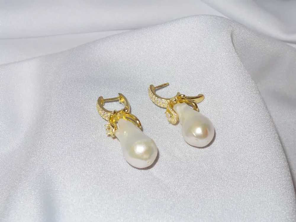 Cultured Baroque Pearl Earrings with "CZ" Stones … - image 3