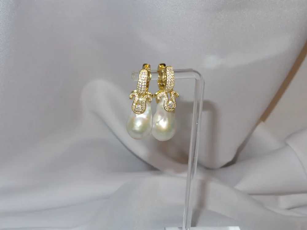 Cultured Baroque Pearl Earrings with "CZ" Stones … - image 4