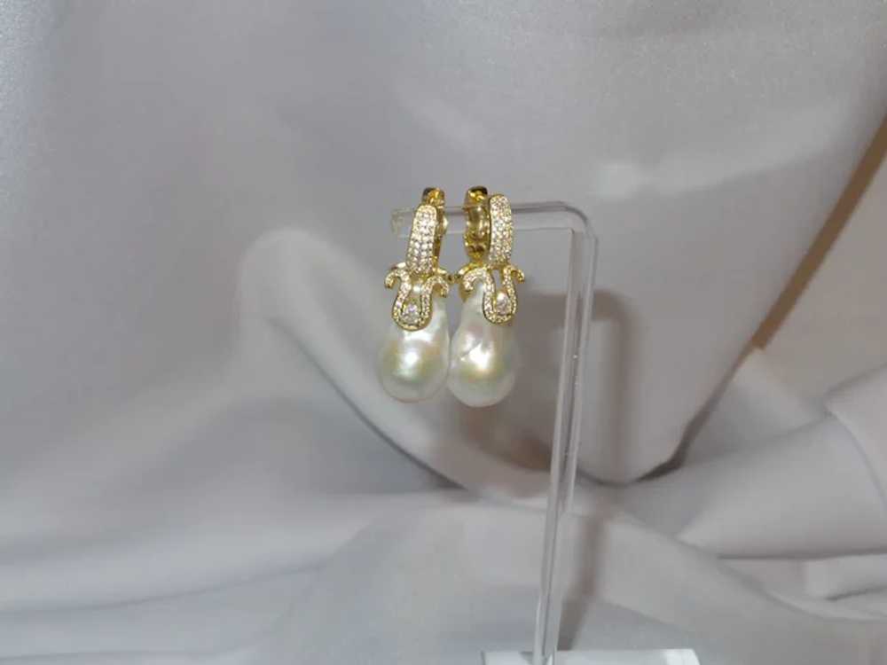 Cultured Baroque Pearl Earrings with "CZ" Stones … - image 6