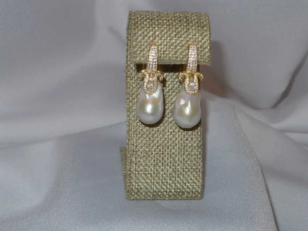 Cultured Baroque Pearl Earrings with "CZ" Stones … - image 8