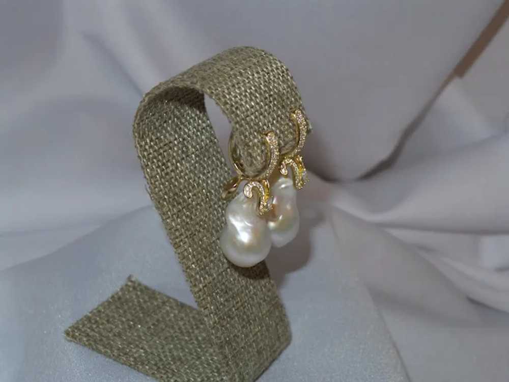 Cultured Baroque Pearl Earrings with "CZ" Stones … - image 9