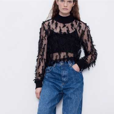 Zara Zara Black Feather Effect Sheer Long Top Sma… - image 1