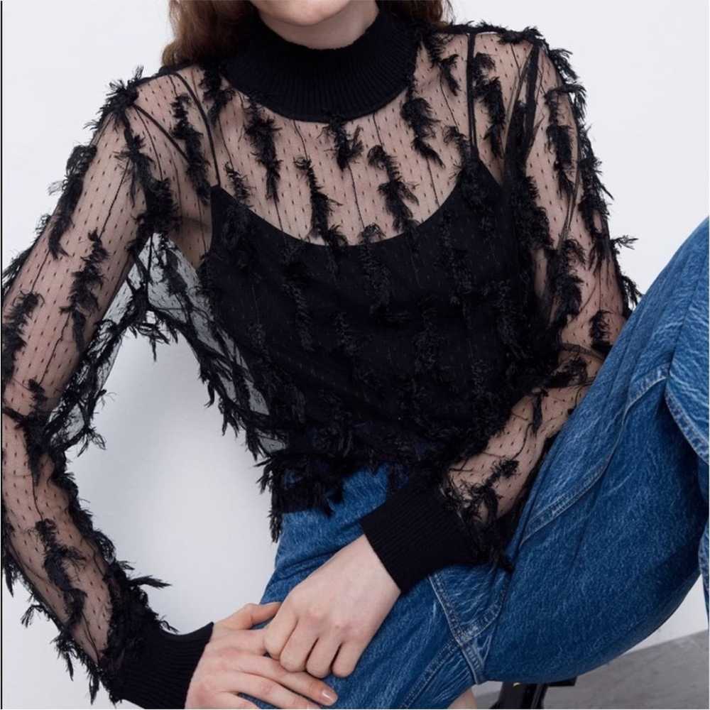 Zara Zara Black Feather Effect Sheer Long Top Sma… - image 5