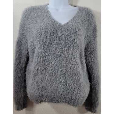 Other Pink Rose Gray Fuzzy V Neck Drop Shoulder S… - image 1