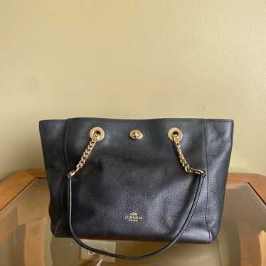 Coach Turnlock Chain Tote Black Leather Shoulder … - image 1