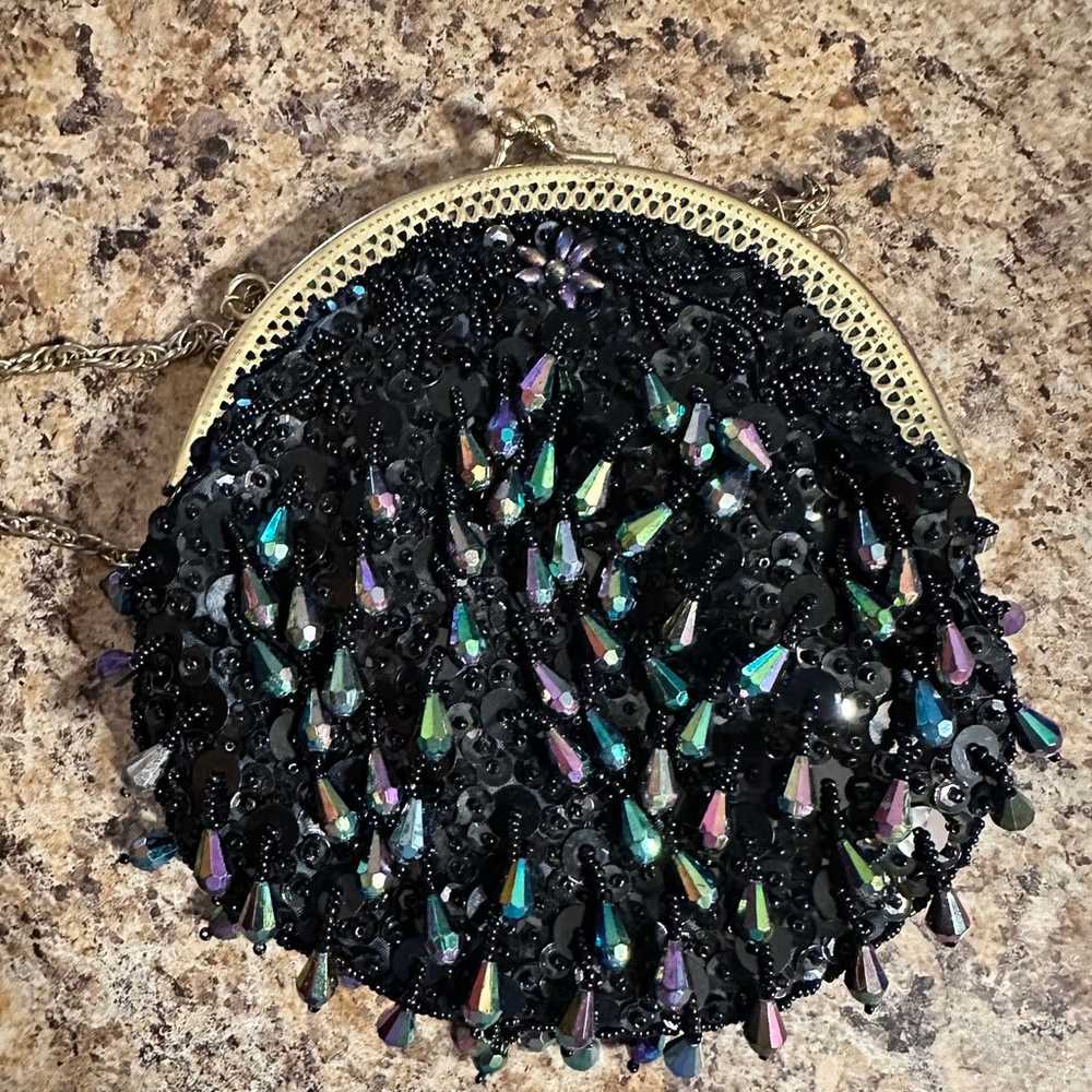 Vintage Black Dangle Bead And Sequins Iridescent … - image 11